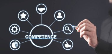 Ekranda yazan bir iş adamı. Yetkinlik. İş için. - İnternet. Teknoloji