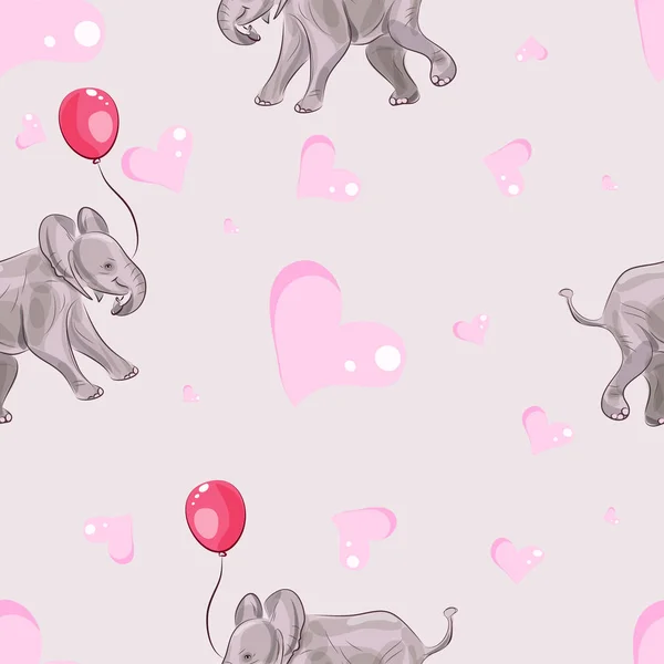 Lindo elefante rosa sosteniendo globos. Patrón sin costura — Archivo Imágenes Vectoriales