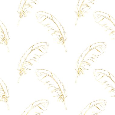 Seamless modeli altın tüyleri beyaz zemin üzerine çizilmiş. Vektör