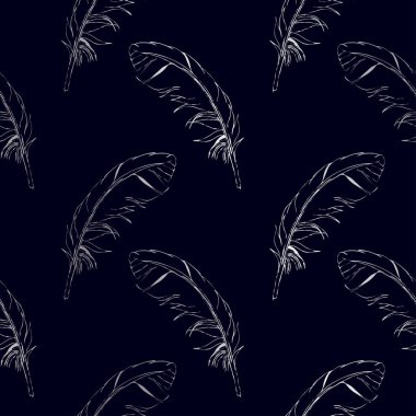 Dikişsiz desen gümüş tüyleri koyu arka plan üzerinde çizilmiş. Vektör