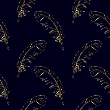 Seamless modeli altın tüyleri koyu arka plan üzerinde çizilmiş. Vektör