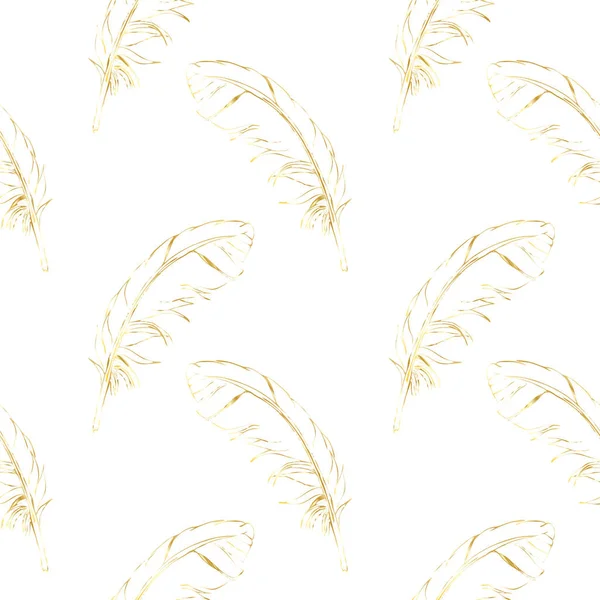 Nahtloses Muster goldener, handgezeichneter Federn auf weißem Hintergrund. Vektor — Stockvektor