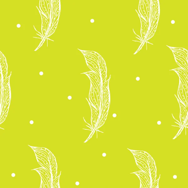 Dikişsiz desen beyaz tüyler yeşil bir arka plan üzerinde çizilmiş. Vektör