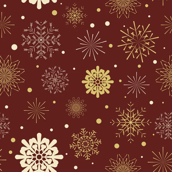 Flocons de neige motif sans couture. Flocons de neige dorés sur fond rouge — Image vectorielle