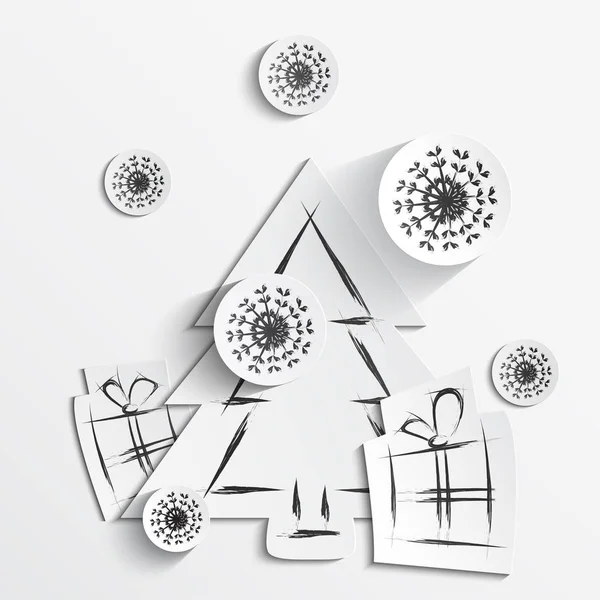 Kağıt ağaç, hediyeler ve kar taneleri basit vektör Noel arka plan