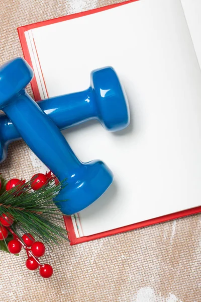 Boże Narodzenie sport skład z hantlami, notebook, jagody i świerk — Zdjęcie stockowe