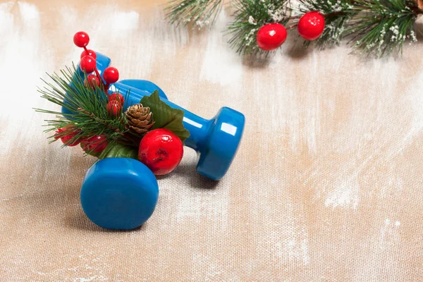Boże Narodzenie sport skład z hantlami, jagody i świerk — Zdjęcie stockowe