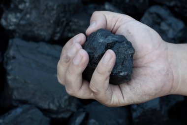 Coal mining hand holding sunlit coal stone part clipart