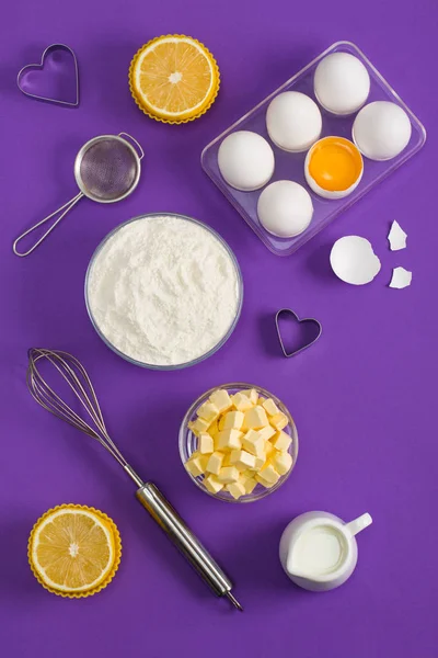 Baking Flat Lay Background White Eggs Yolk Milk Cup Floor — Stock Photo, Image