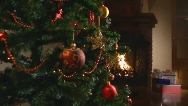 Bolas rojas en el árbol de Navidad verde — Vídeo de stock