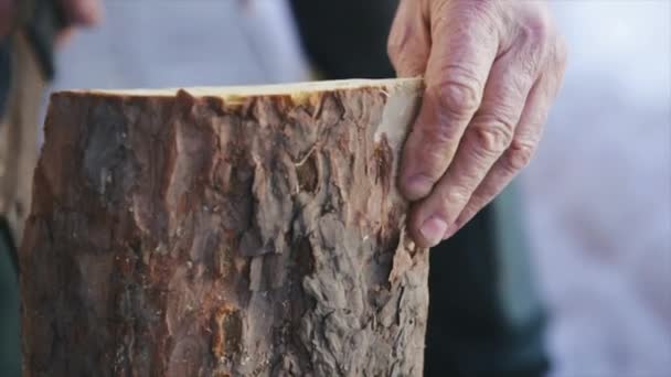 Homem mãos cortar madeira — Vídeo de Stock