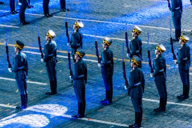 Moskova, Rusya - 26 Ağustos 2016: İşçinin kule Uluslararası Askeri Müzik Festivali