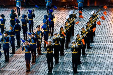 Moskova, Rusya - 26 Ağustos 2016: İşçinin kule Uluslararası Askeri Müzik Festivali