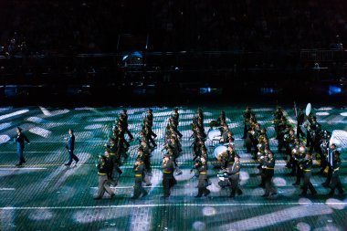 Moskova, Rusya - 26 Ağustos 2016: İşçinin kule Uluslararası Askeri Müzik Festivali.