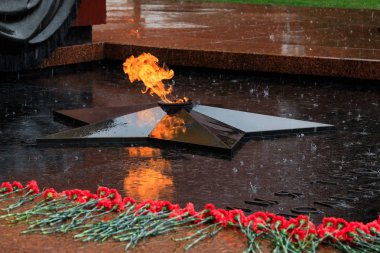 Mezar bilinmeyen asker ve Moskova, Rusya Kremlin duvarının yakınında Alexander bahçesinde Eternal flame yağmurlu görünümünü.