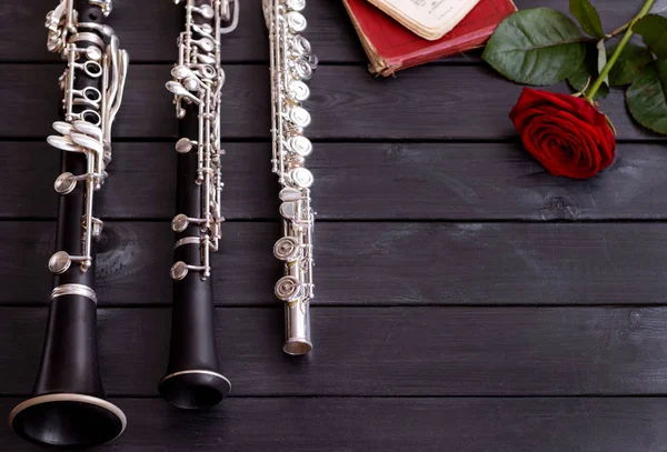 Oboe, clarinete, flauta, rosa, orquesta sinfónica . — Foto de Stock