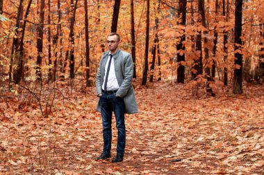 Sonbahar ormandaki gri paltolu modern yakışıklı çekici insan. Moda ve giyim kavramı. Metin için özgür yer.