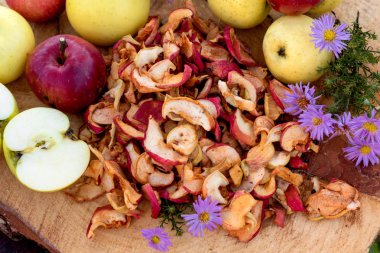 Kurutulmuş elma ve taze olgun elma. Üstten görünüm.