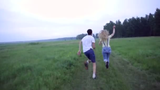 Pareja joven corriendo en el campo verde con una cometa — Vídeo de stock