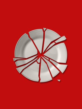  İzole kırık beyaz plaka üzerinde kırmızı bir arka plan