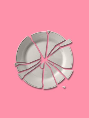  İzole kırık beyaz plaka üzerinde pembe bir arka plan