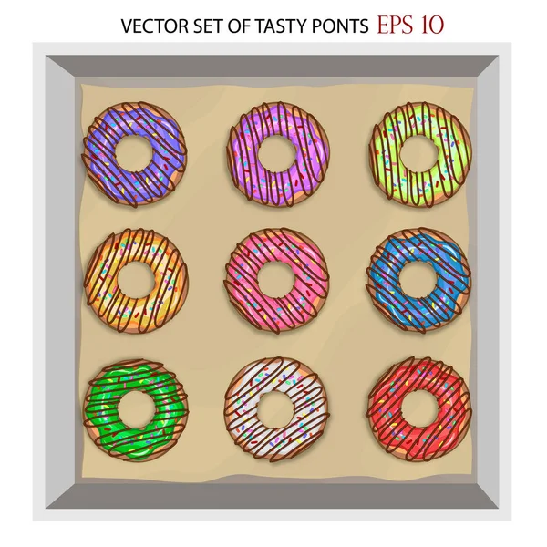 Beyaz arka plan üzerinde izole modern düz stil sulu renkli vektör donuts kümesi. Sır menü için en iyi görünümü çörek koleksiyonuna tasarım, Cafe Dekorasyon, teslimat kutusu (set 1)