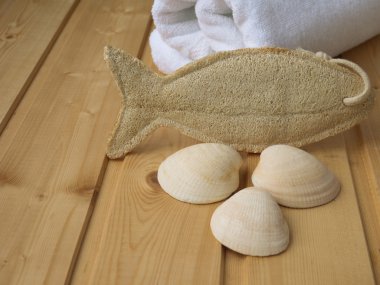 Havlu, kabukları ve lif kabağı WISP ahşap arka plan üzerinde