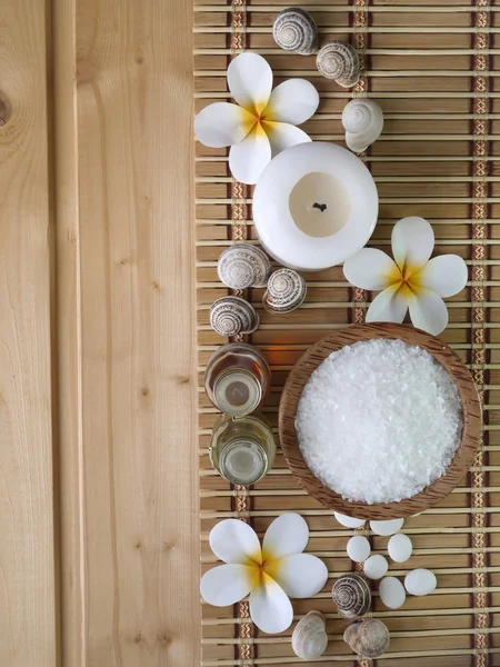 Conchas, óleos de massagem e flores de margarida no fundo de madeira — Fotografia de Stock