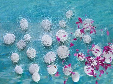 Pembe yaprakları ve misted cam altında beyaz taşlar