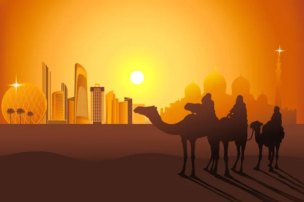 Jinetes de camellos en el desierto cerca de Abu-Dhabi — Vector de stock