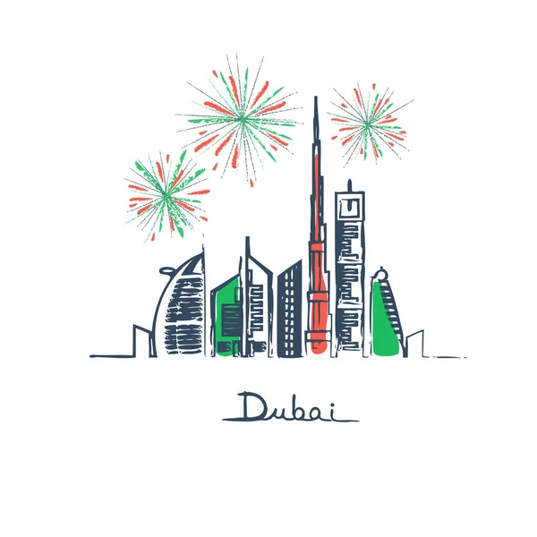 Fireworks in Dubai city flag colors — Stock Vector