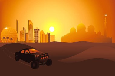 Safari cars in the desert near Abu-Dhabi city clipart