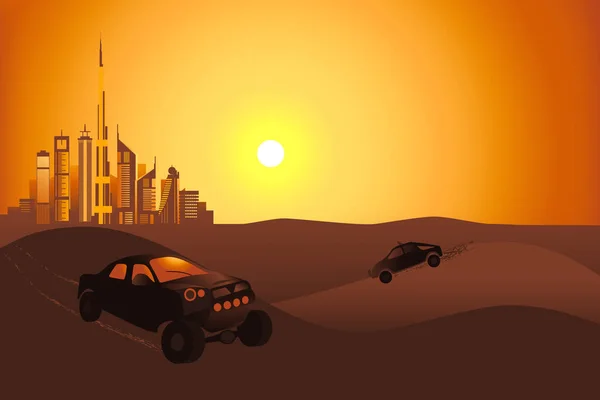 Safari autók a sivatagban, Dubai város közelében — Stock Vector