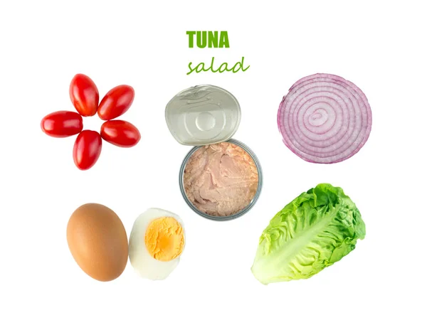 Tonijn salade ingrediënten: sla, tomaten, ei, ui en tonijn in blik — Stockfoto