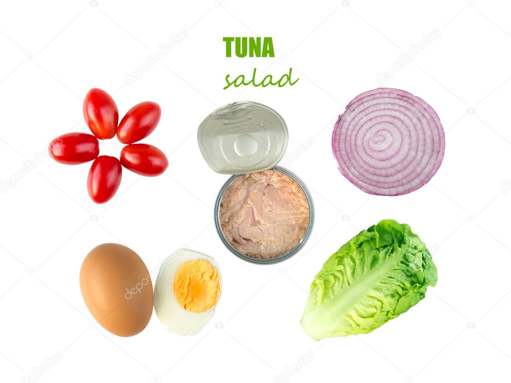 Tuna salad ingredients: lettuce, tomatoes,egg,onion and canned tuna