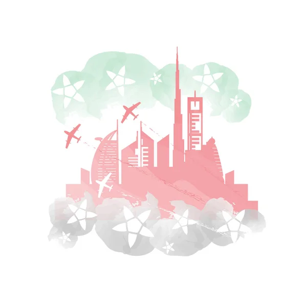 ภาพวาดเมืองดูไบด้วยสีธงอาหรับเอมิเรตส์ — ภาพเวกเตอร์สต็อก