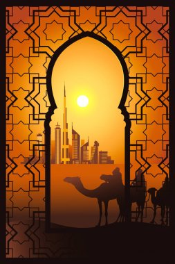 Camel riders in the desert near Dubai city in the arabesque fram clipart