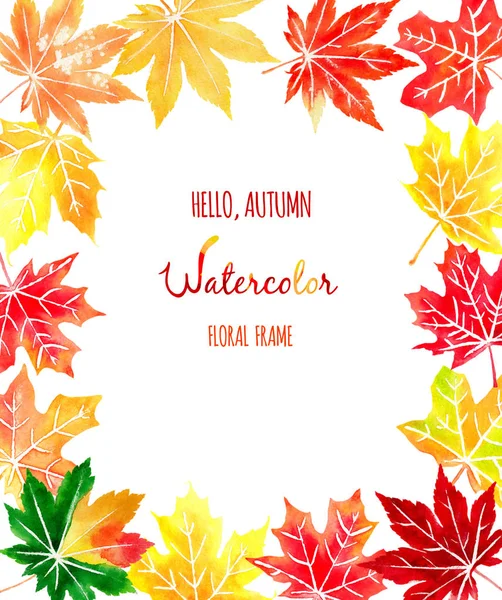 Outono aquarela mão desenhado bordo folhas quadro retangular — Fotografia de Stock