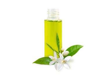 Neroli essential oil and orange flowers isolated on white