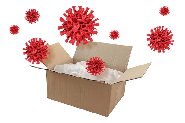 Karton Sevkiyat Paketi Virüs Hücreleri Açıldı Enfeksiyon Tıbbi Konseptinin Yayılması — Stok fotoğraf