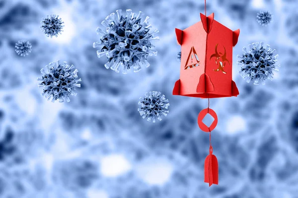 Conceptul Epidemie Coronavirus Chinezesc Lanternă Hârtie Roșie Simbol Biohazard Celule — Fotografie, imagine de stoc
