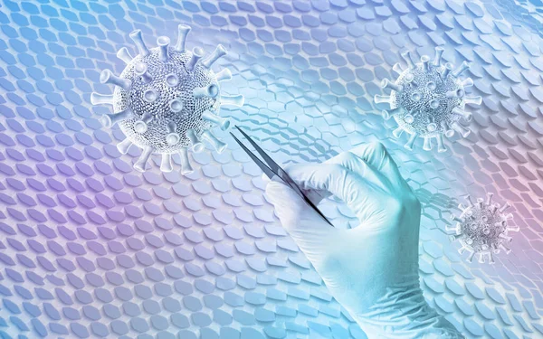 Virusul Investighează Conceptul Științei Medicale Mână Purtând Mănușă Medicală Ține — Fotografie, imagine de stoc