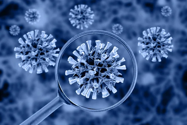 Virüs hücre görüntüsü büyüteçten geçiyor. Coronavirus konsepti. 