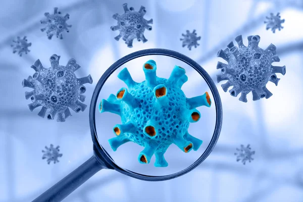 Covid Virüs Hücresi Büyüteçle Görülüyor Coronavirus Konsepti — Stok fotoğraf
