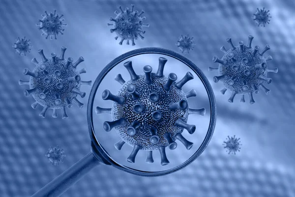 Büyüteçle Coronavirus Hücre Görüntüsü Covid Konsepti — Stok fotoğraf