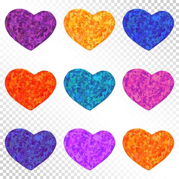 Corazones coloridos fijados en fondo transparente — Vector de stock