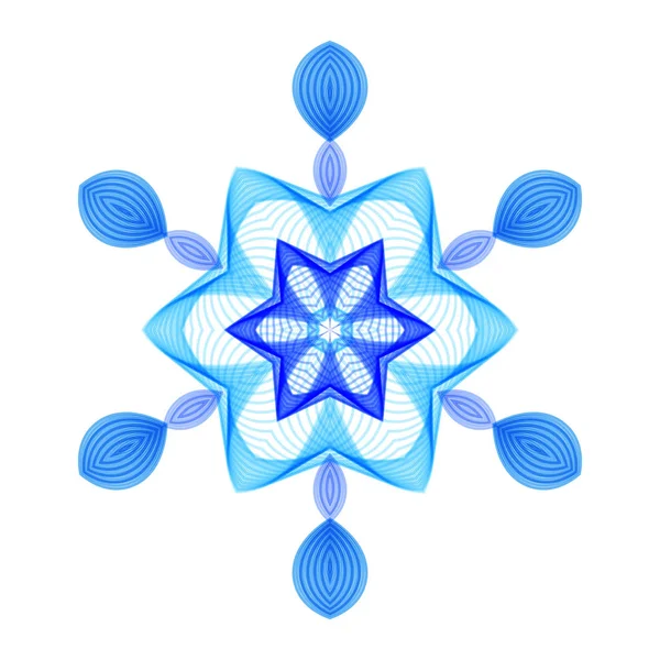 Geometrische blauwe zeshoekige sneeuwvlok op witte achtergrond. — Stockvector