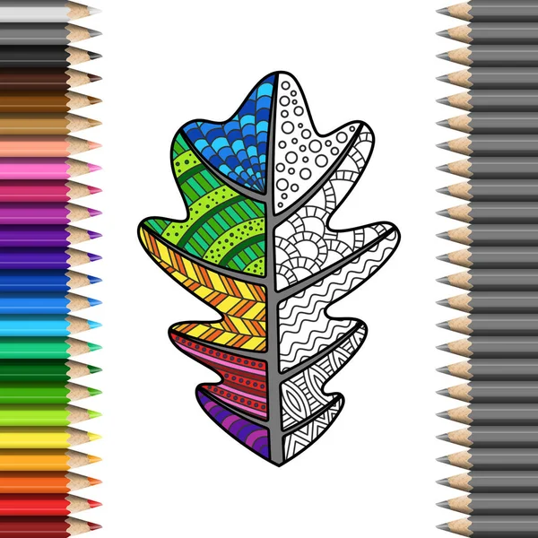Folha de carvalho artesanal com padrão Zentangl no quadro de caneta colorida — Vetor de Stock