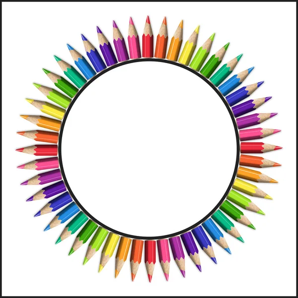Beyaz arka plan üzerinde gerçekçi renkli kalemler dairesel çerçeve