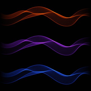 Parlayan soyut izole dalga çizgi kümesi için siyah arka plan